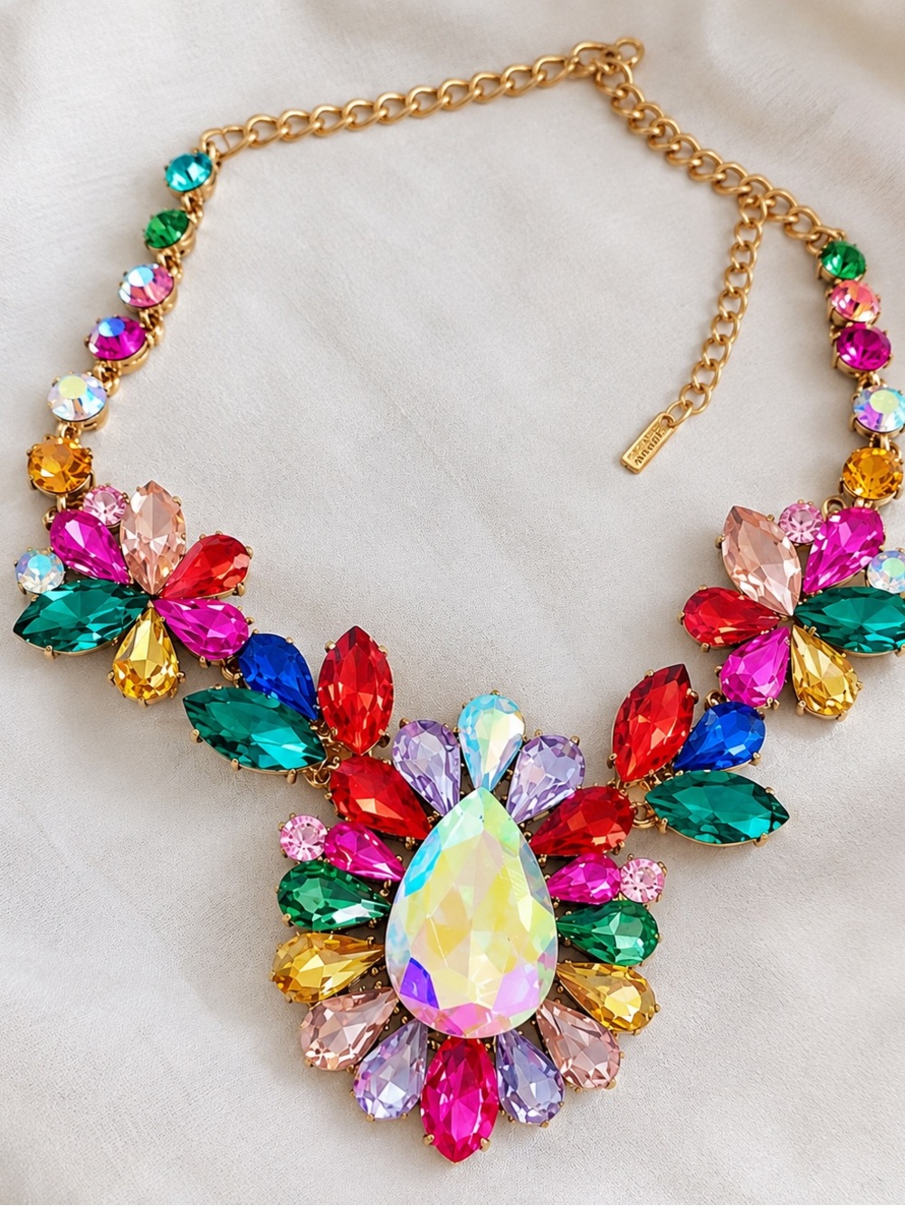Multicolor Crystal Statement Necklace - Gold Chain